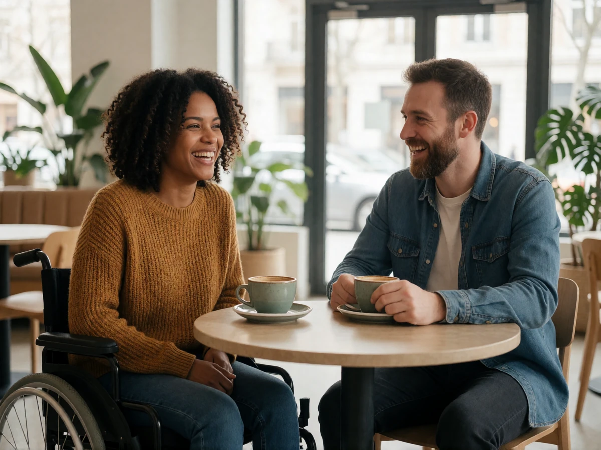 Maya, a woman who uses a wheelchair, laughing over coffee with her date at an accessible café - disabled dating site community