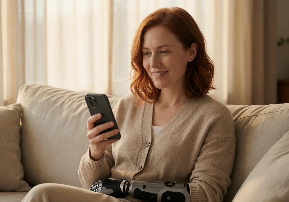 Woman with a prosthetic forearm browsing a disability dating app on her phone in warm morning light